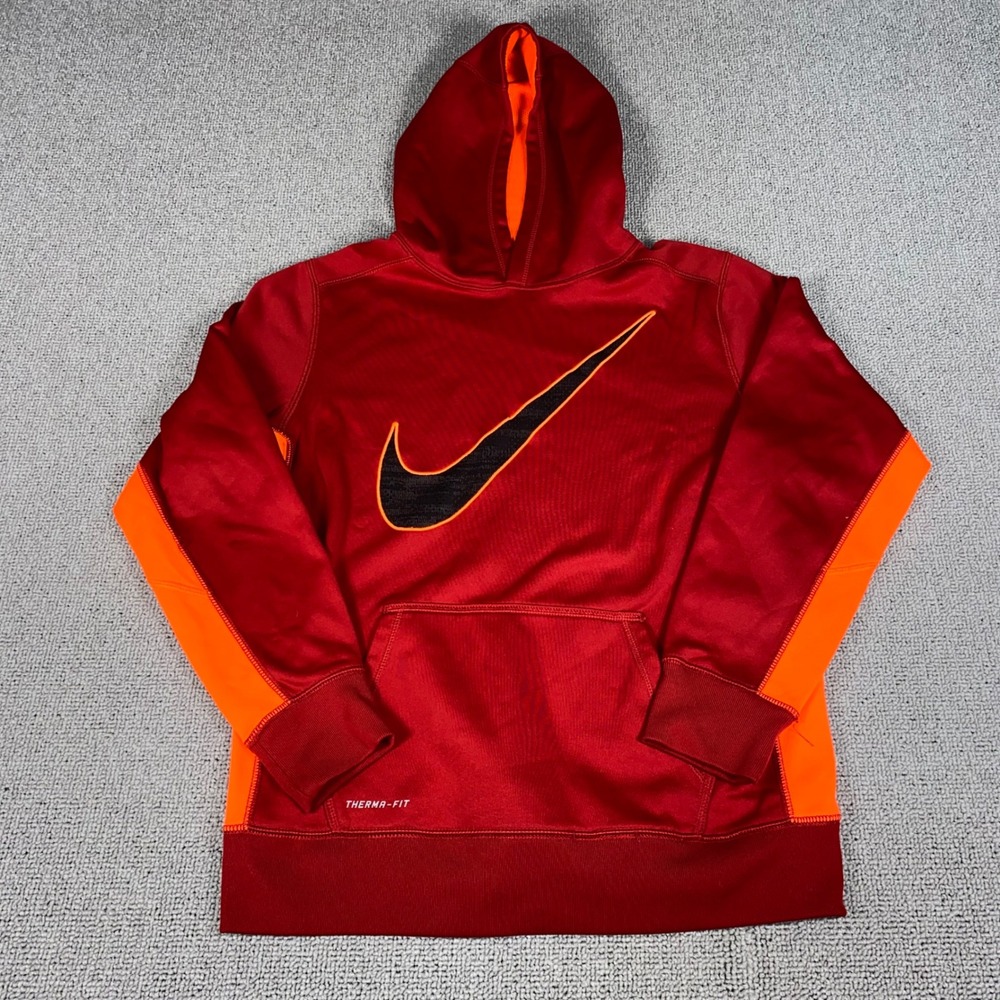 Nike Therma Fit Hoodie Kids XL Red Orange Swoosh Logo Pullover Athletic Sweater